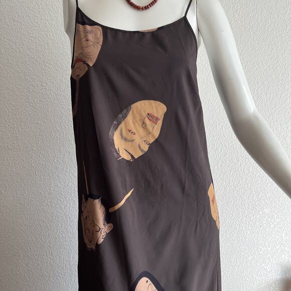 Japanese Noh Faces Brown Midi Slip Dress Fall Japanese Art Wear Lagenlook Medium - Picture 10 of 16